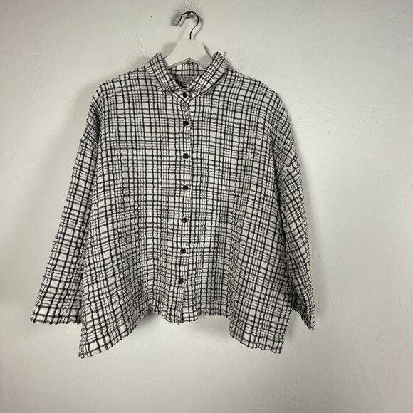 Carole Tomkins The Big Shirt Black White Plaid Crinkle Button Up Shirt Size 2 - Picture 1 of 8